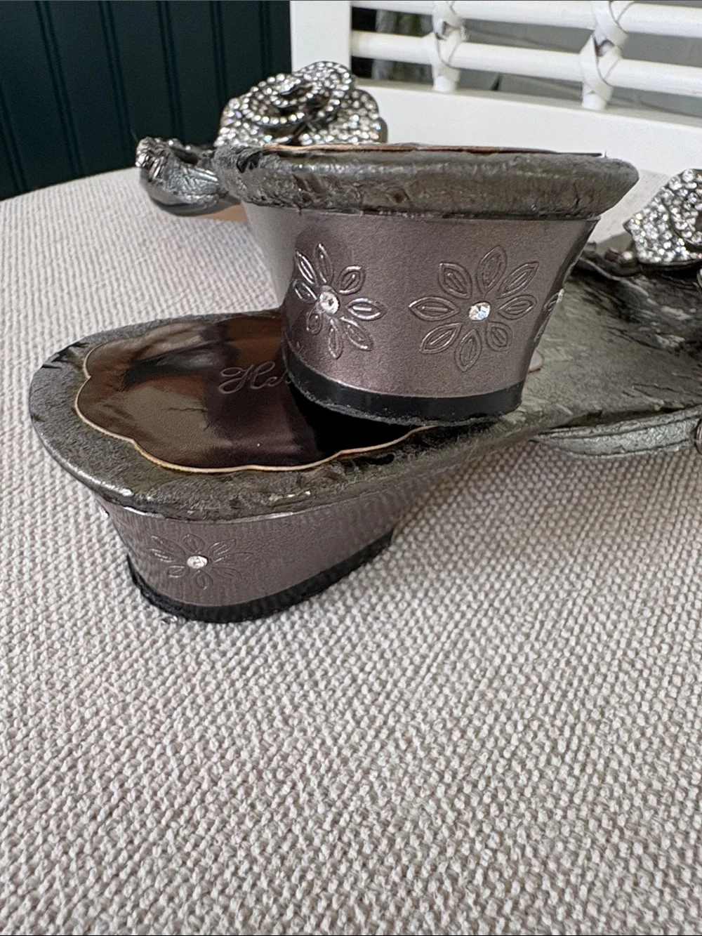 Helen’s Heart Rhinestone Floral Beaded Thong Sandals in Silvery Green